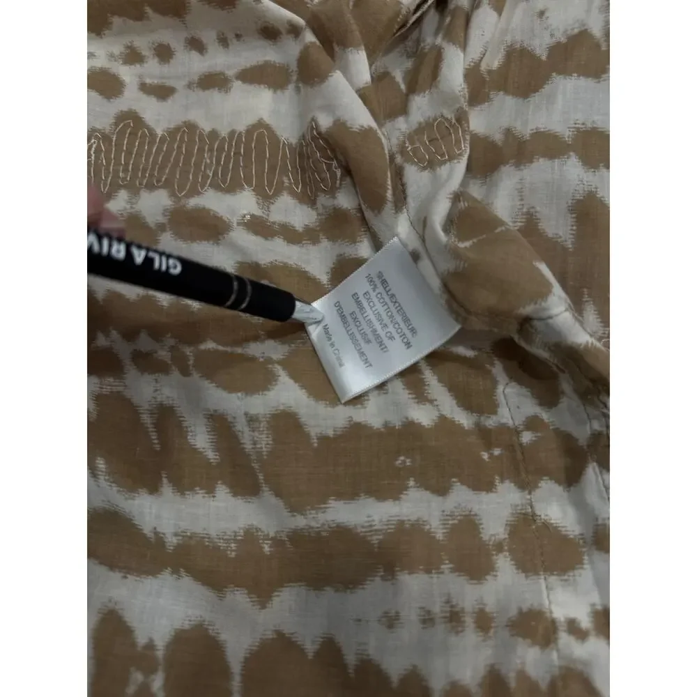 Tory Burch 100% Cotton Sheer Boho Blouse Neutral Tie Dye Print  Resort style